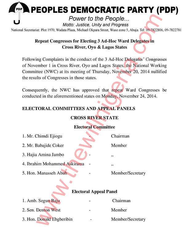 Repeat Congresses for Electing 3 Ad delegates in cross river and others (1)