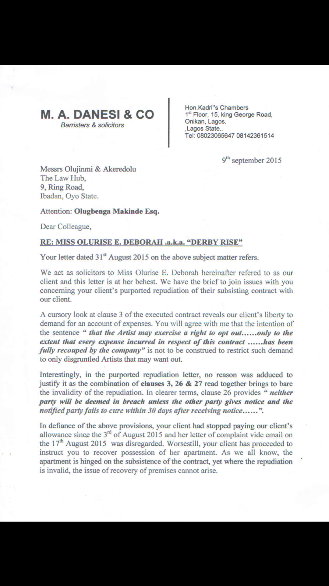 5. Mail from Debie Rise page 1 - THEWILL NEWS MEDIA