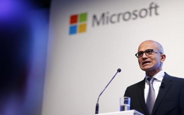 Microsoft CEO Nadella holds a speech to present the companies new cloud strategy for Germany in Berlin