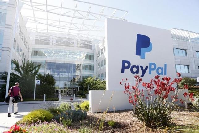 A PayPal sign is seen at an office building in San Jose, California