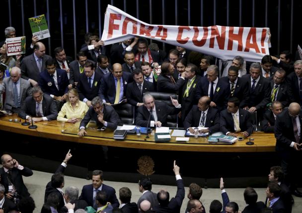 President of the Chamber of Deputies Cunha addresses the audienc during a session to review the request for Brazilian President Dilma Rousseff's impeachment, at the Chamber of Deputies in Brasilia