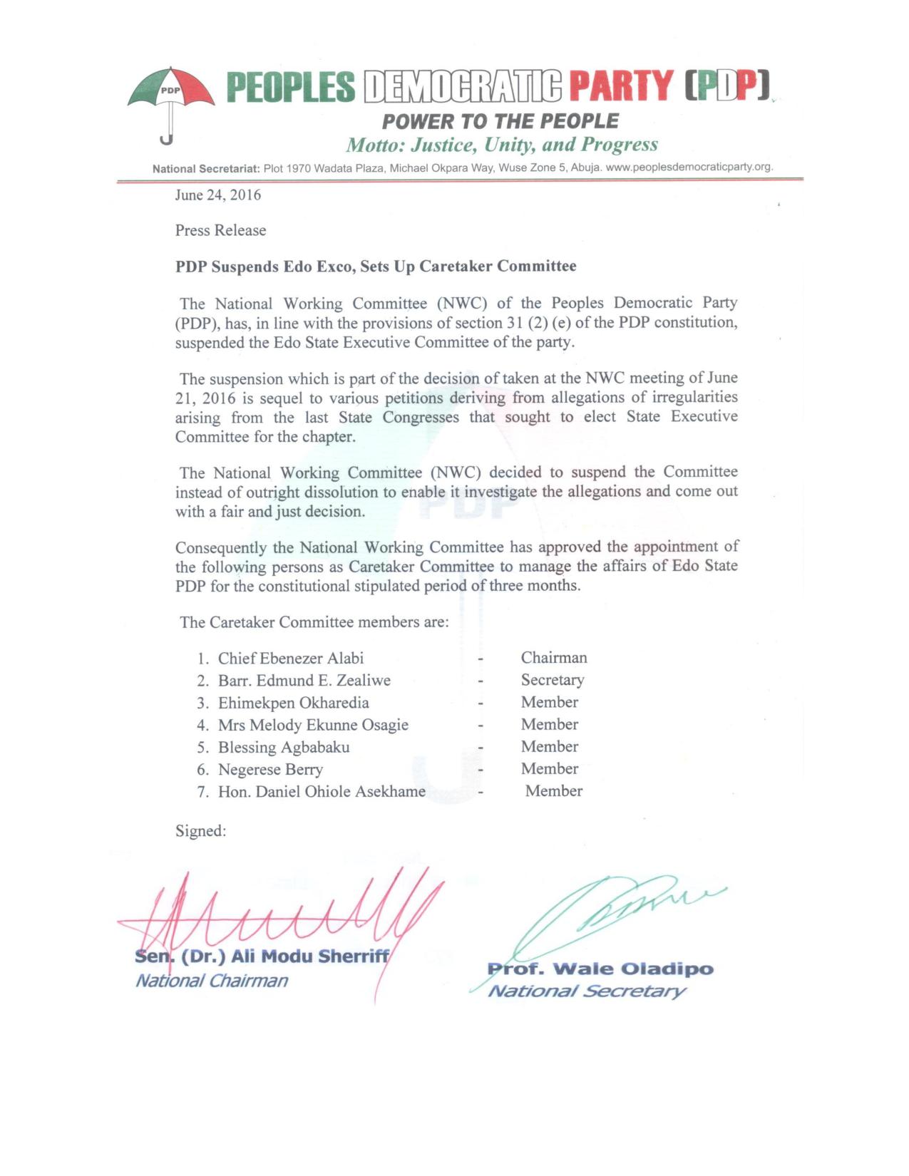 PRESS RELEASE FROM PDP-page-001 - THEWILL NEWS MEDIA PRESS RELEASE FROM PDP-page-001