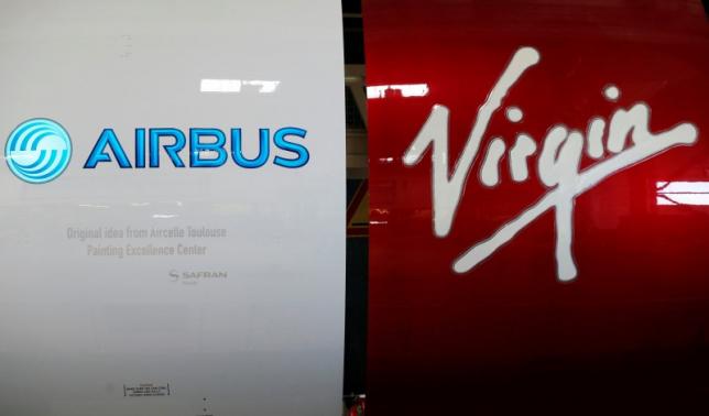 Airbus and Virgin logos are pictured on engines during the delivery of the first series-production LEAP-1A propulsion systems by Aircelle for the A320neo aircraft Airbus family in Colomiers