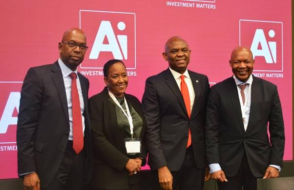 Mr. Tony Elumelu, Chairman Heirs Holdings and recipient of the'Person of the year’ award (3rd left) flanked by other award recipients; Mr. Bob Collymore, CEO Safaricom (left), Ms. Vicki Fuller, CIO, New York State Common Retirement Fund (2nd left) and Dr Daniel Matjila, CEO, Public Investment Corporation of  South Africa at the AI Investment Summit in New York 