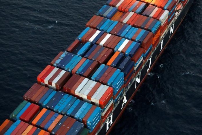 A Hanjin Shipping Co ship is seen stranded outside the Port of Long Beach