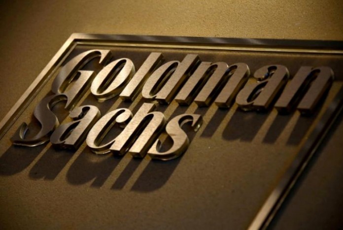 A sign is displayed in the reception of Goldman Sachs in Sydney