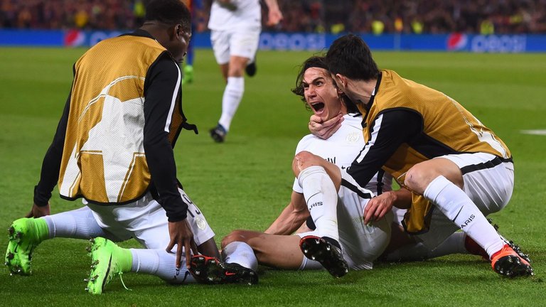 skysports-edinson-cavani-psg-barcelona-goal-celeb_3905889 (1) - THEWILL NEWS MEDIA Edinson Cavani scored PSG's away goal in the second half