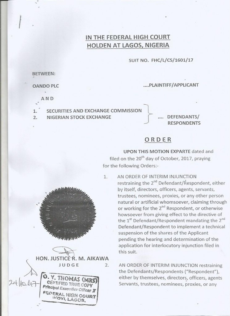 Court Order Oando vs SEC & Anr - THEWILL NEWS MEDIA