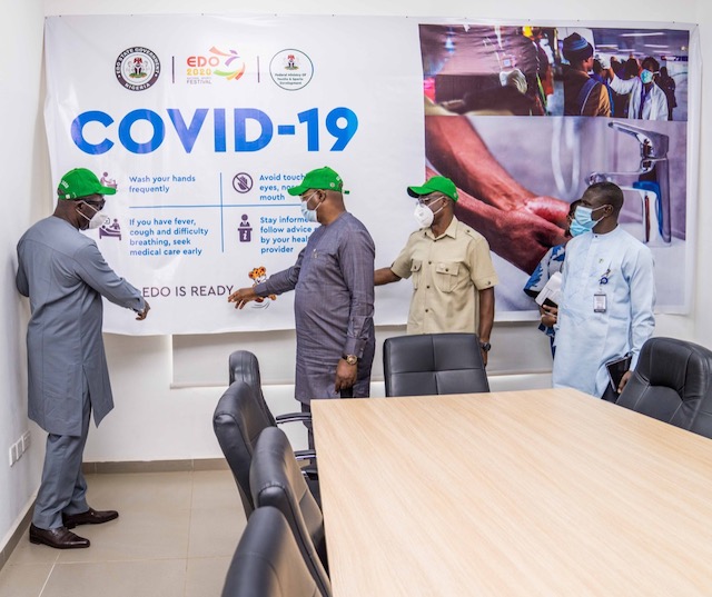 Governor-Obaseki-first-left-Sunday-Dare-in-Benin-on-Friday- Obaseki and Sport Minister, Sunday Dare