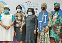 Water, Water Everywhere But None To Drink L-R: Mrs Funke Femi Adepoju, Executive Secretary, Lagos State Water Regulatory Commission (LASWARCO) ; Mrs Belinda Odeleye Rep of the Commissioner, Ministry of The Environment and Water Resources, Lagos State; Prof of Geology, Unilag, Mrs Odukoya; Mrs Clementina Chinwe Ativie, National President of Association of Table Water Producers of Nigeria (ATWAP) and Mr Oluwaseun Obadofin, President of Association of Table Water Producers of Nigeria (ATWAP), Lagos State Chapter, during the 2021 World Water Day celebrated in Lagos recently.