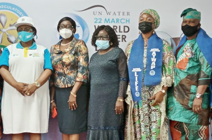 Mrs Funke Femi Adepoju, Executive Secretary, Lagos State Water Regulatory Commission (LASWARCO) ; Mrs Belinda Odeleye L-R: Mrs Funke Femi Adepoju, Executive Secretary, Lagos State Water Regulatory Commission (LASWARCO) ; Mrs Belinda Odeleye Rep of the Commissioner, Ministry of The Environment and Water Resources, Lagos State; Prof of Geology, Unilag, Mrs Odukoya; Mrs Clementina Chinwe Ativie, National President of Association of Table Water Producers of Nigeria (ATWAP) and Mr Oluwaseun Obadofin, President of Association of Table Water Producers of Nigeria (ATWAP), Lagos State Chapter, during the 2021 World Water Day celebrated in Lagos recently.