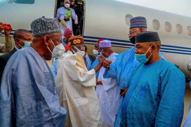 Tinubu-being-welcomed-to-Kano.-On-his-right-is-Governor-Ganduje- Tinubu