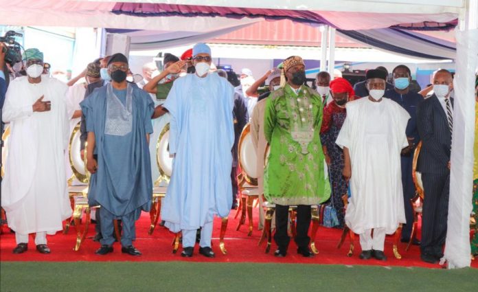 President Muhammadu Buhari and other dignitaries at his launch of the Integrated National Security and Waterways Protection Infrastructure, also called the Deep Blue in Lagos... on Thursday