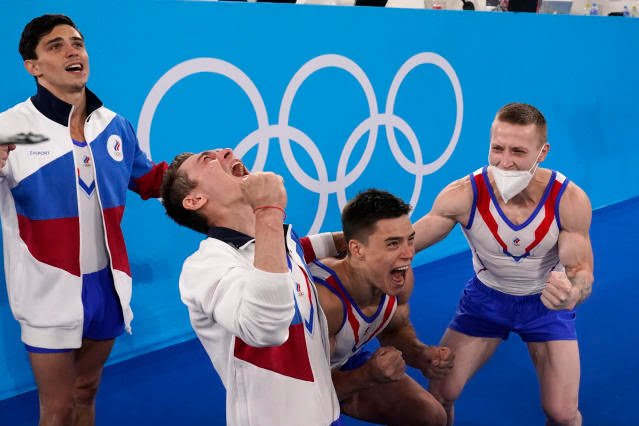 Russian Olympic Committee's artistic gymnastics men's team, from right, Russian Olympic Committee's artistic gymnastics men's team, from right,