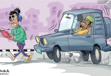 Danger of Using Earphones on Busy Roads Caricature