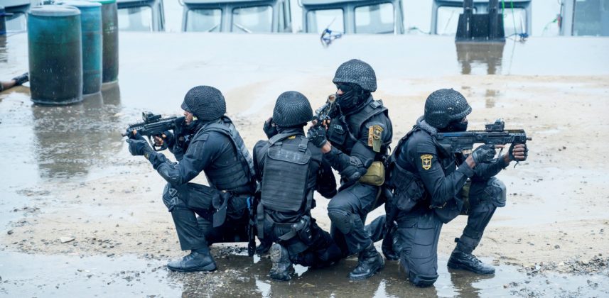 Naval special OPS team in new tactical gear during a drill at the ceremony.