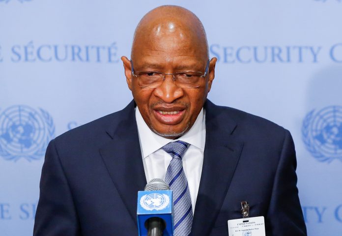 Soumeylou Boubeye Maiga, then prime minister of the Republic of Mali (L) speaks at U.N. headquarters in New York Mali’s former Prime Minister, Boubeye Maiga,