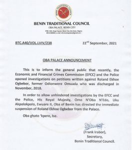 Oba of Benin announcement - THEWILL NEWS MEDIA Oba of benin annoucement