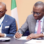 Green Bond Issuance: FMDQ Group, FSD Africa Sign MoU with Lagos R-L: Lagos State Governor Babajide Sanwo-Olu and Chief Executive Officer, FMDQ Group, Mr. Bola Onadele Koko, at the MoU signing ceremony between the Lagos State Government and the Nigerian Green Bond Market Development Programme, held in Lagos on 14/9/2021. Photo: Peace Udugba.
