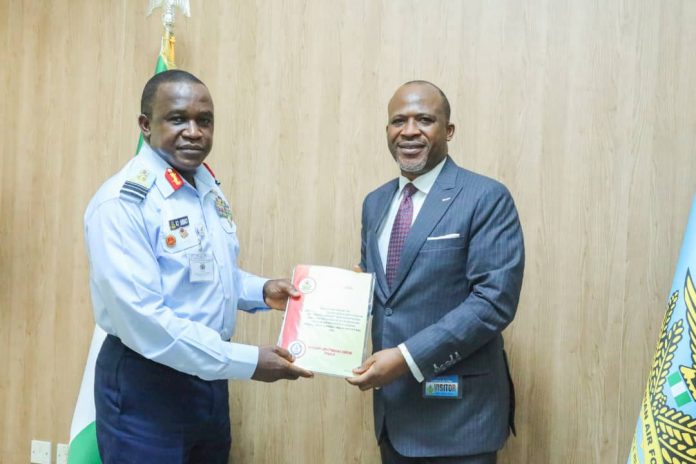 Commissioner and Chief Executive Officer of Accident Investigation Bureau (AIB), Engr Akin Olateru (left) presenting the interim report to the Chief of Air Staff (CAS), Air Marshal Oladayo Amao (right), at his office at NAF Headquarters, Abuja on Wednesday. Commissioner and Chief Executive Officer of Accident Investigation Bureau (AIB), Engr Akin Olateru (left) presenting the interim report to the Chief of Air Staff (CAS), Air Marshal Oladayo Amao (right), at his office at NAF Headquarters, Abuja on Wednesday.Â