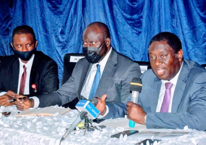 L-R: Group Corporate Affairs Manager, Bi-Courtney Aviation Services Limited, Mr. Mikail Mumuni. Chairman. Dr. Wale Babalakin and Exec. Director, Mr. Luqman Balogun at a press conference on Friday at MMA2, Ikeja, Lagos L-R: Group Corporate Affairs Manager, Bi-Courtney Aviation Services Limited, Mr. Mikail Mumuni. Chairman. Dr. Wale Babalakin and Exec. Director, Mr. Luqman Balogun at a press conference on Friday at MMA2, Ikeja, Lagos
