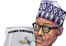Anxiety As FG Takes Terrorism Financiers to Court TER0RISM SPONSORS caricature/ Buhari