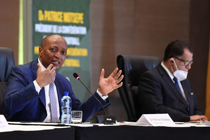 President Dr Patrice Motsepe with SAFA President Danny Jordaan during the CAF President Dr Patrice Motsepe press conference at Sandton Convention Centre President Dr Patrice Motsepe with SAFA President Danny Jordaan during the CAF President Dr Patrice Motsepe press conference at Sandton Convention Centre