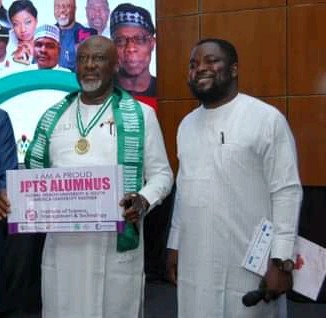 Senator Dino Melaye (left) with the President of JPTS, Prof Christopher Imumolen (right) shortly after the former received a Honorary Degree from the institute in Abuja recently. Senator Dino Melaye (left) with the President of JPTS, Prof Christopher Imumolen (right) shortly after the former received a Honorary Degree from the institute in Abuja recently.