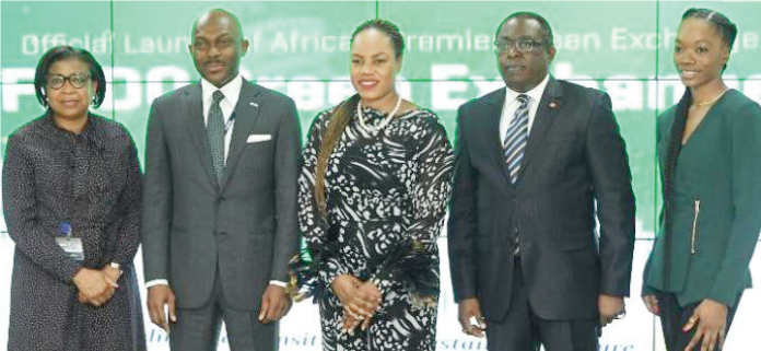 L-R: Director-General, Debt Management Office, Nigeria, Ms. Patience Oniha; Chief Executive Officer, FMDQ Group, Mr. Bola Onadele. Koko; representative of the Executive Governor of Lagos State and the Special Adviser to the Lagos State Government on the Sustainable Development Goals and Investments, Mrs. Solape Hammond; representative of the Group Managing Director, Access Bank Plc/Executive Director, Access Bank Plc, Mr. Victor Etuokwu and representative of the Chief Executive Officer, North South Power Company Limited and Senior Manager, Corporate Finance & Corporate Development, NSPCL, Ms. Kehinde Fanimokun at the Official Launch Ceremony of FMDQ Green Exchange/Exchange Signs Listing Agent Agreement with Luxembourg Stock Exchange in Lagos on 8/11/2021.