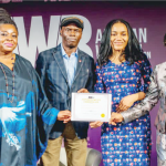 Africa Women on Board and Gender Equity -R: Ayotola Jagun, Chief Compliance Officer, Oando Plc, Rotimi Odusola, Corporate Relations Director Guinness Nigeria, Dr. Nkiru Balonwu, founder and co-chair AWB and Professor C. Agomo, former Dean, Faculty of Law University of Lagos and Chairperson at the launch of AWB of the Gender Equity Certification and Safety in the Workplace.