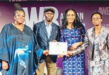 Africa Women on Board and Gender Equity -R: Ayotola Jagun, Chief Compliance Officer, Oando Plc, Rotimi Odusola, Corporate Relations Director Guinness Nigeria, Dr. Nkiru Balonwu, founder and co-chair AWB and Professor C. Agomo, former Dean, Faculty of Law University of Lagos and Chairperson at the launch of AWB of the Gender Equity Certification and Safety in the Workplace.