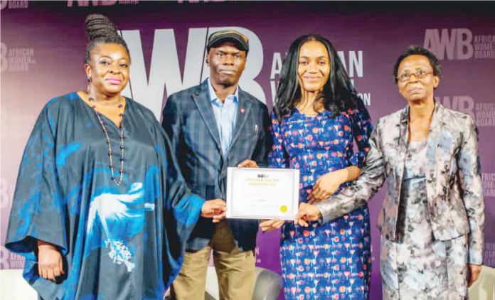 African woman -R: Ayotola Jagun, Chief Compliance Officer, Oando Plc, Rotimi Odusola, Corporate Relations Director Guinness Nigeria, Dr. Nkiru Balonwu, founder and co-chair AWB and Professor C. Agomo, former Dean, Faculty of Law University of Lagos and Chairperson at the launch of AWB of the Gender Equity Certification and Safety in the Workplace.