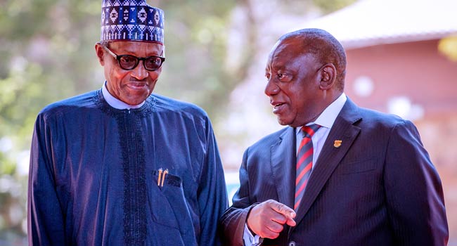 Buhari-and-Ramaphosa President Muhammadu Buhari & President of South Africa, Cyril Ramaphosa at the State House in Abuja.
