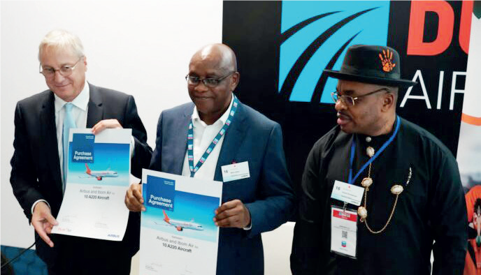 L-R: Chief Commercial Officer of Airbus, Mr. Christian Scherer; Chief Executive Officer of Ibom Air, Mr. Mfon Udom; Governor of Akwa Ibom State , Mr. Udom Emmanuel after signing the agreement papers for aircraft orders at the Dubai Airshow recently.