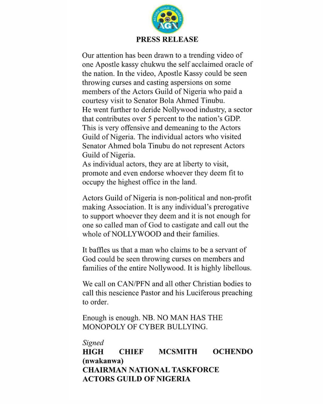 61fb77f9c5639 - THEWILL NEWS MEDIA The Actors Guild of Nigeria, AGN Statement