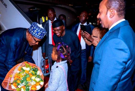 President Buhari was received by the Ethiopia’s Prime Minister Abiy Ahmed