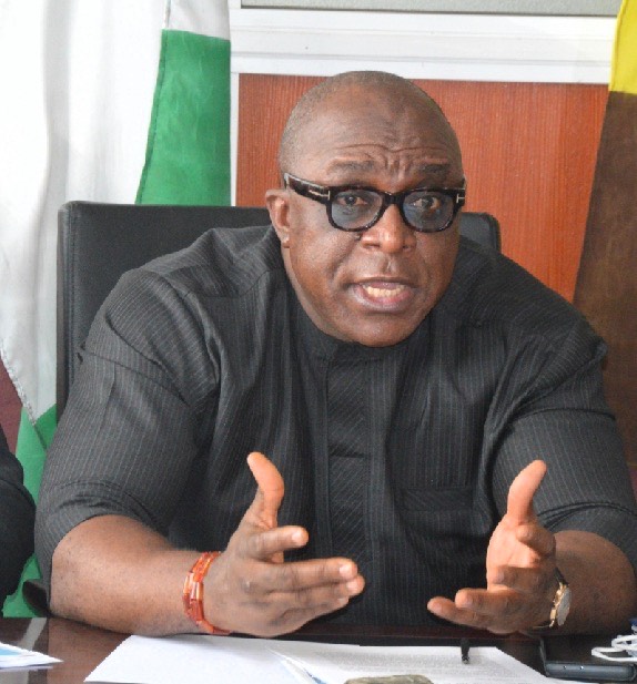 Chief Obiora Okonkwo, Chairman United Nigeria Airlines, addressing members of the League of Airport and Aviation Correspondents (LAAC) as part of activities to mark the airline's one year of flight operations in Nigeria.
