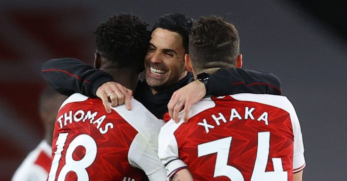 Arsenal-manager-Mikel-Arteta-celebrates-with-Thomas-Partey-and-Granit-Xhaka Arteta and Xhaka, Partey