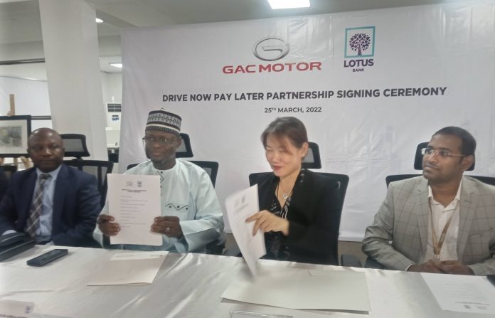 L-R: Lotus Bank General Manager, Commercial, Mr Amazu Nwachukwu, Executive Director, Alhassan Abdulkarim, CIG Chairman, Chief Diana Chen and Chief Finance Officer, CIG, Ramanathan Murugesan during the signing of "Drive Now, Pay Later" Partnership between CIG Motors and Lotus Bank in Lagos recently