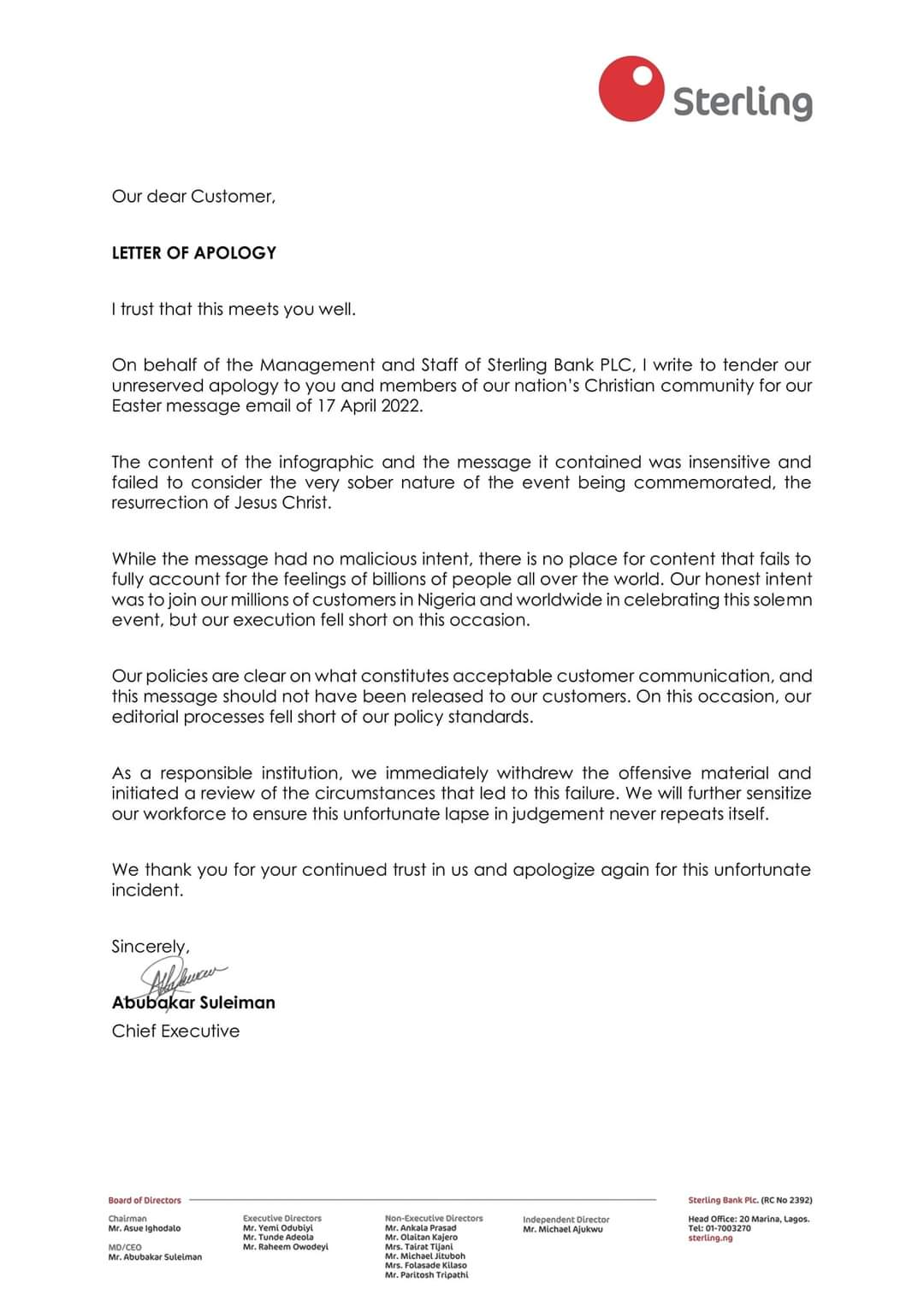 Letter of apology Sterling Bank