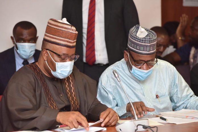 Minister Niger Delta Affairs, Senator Godswill Akpabio, with the permanent secretary of the ministry, Dr Babayo Ardo, while appearing before the Senate Committee on Ethics, Privileges And Public Petitions, on Tuesday in Abuja.