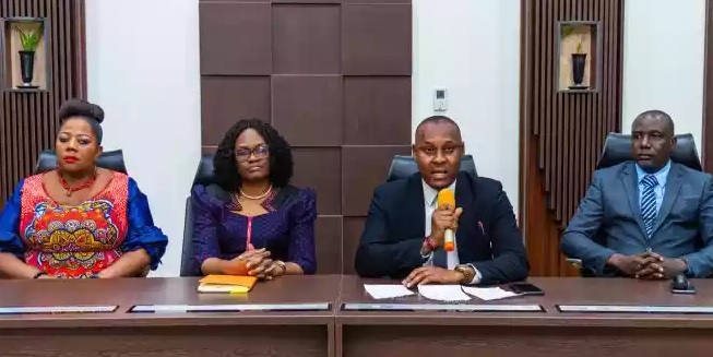 Edo State Commissioner for Education, Dr. Joan Osa Oviawe L-R: Edo State Commissioner for Education, Dr. Joan Osa Oviawe; Commissioner for Health, Prof. Obehi Akoria; Commissioner for Information and Orientation, Andrew Emwanta, and Commissioner for Roads and Bridges, Newton Okojie, while briefing journalists after the Edo State Executive Council Meeting, at the Government House, Benin City, on Wednesday, April 27th, 2022.