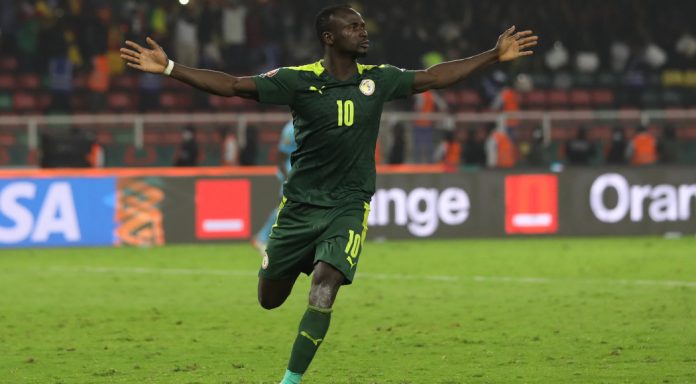 2021 Africa Cup of Nations Final - Senegal vs Egypt 06 February 2022, Cameroon, Yaounde: Senegal's Sadio Mane celebrates scoring a penalty during the shoot-out of the 2021 Africa Cup of Nations final soccer match between Senegal and Egypt at the Paul Biya 'Olembe' Stadium. Photo: Ayman Aref/dpa (Photo by Ayman Aref/picture alliance via Getty Images)