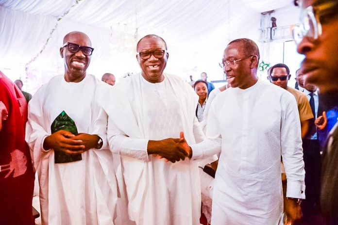 Edo State governor, Mr Godwin Obaseki; his Ekiti State counterpart, Kayode Fayemi, and Delta State Governor and vice presidential candidate of the Peoples Democratic Party (PDP), Senator Ifeanyi Okowa, at the funeral of late Princess Margaret Onyemakonor Obaigbena, the mother of Prince Nduka Obaigbena, Chairman and Editor-in-Chief of Thisday/Arise Group, in Ika North-East Local Government Area of Delta State on Saturday, August 20, 2022