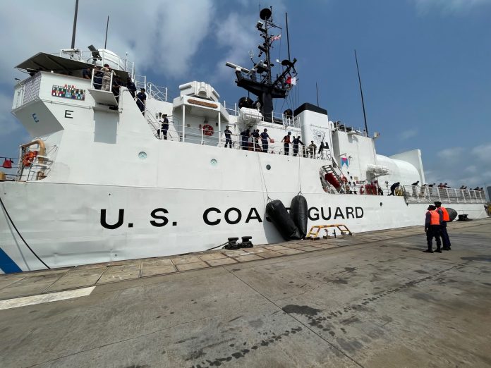 The United States Coast Guard Cutter Mohawk arriving at the Nigerian Naval Dockyard in Lagos.