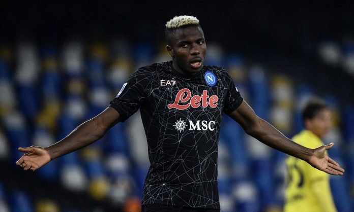 Napoli's Nigerian forward Victor Osimhen reacts during the Italian Serie A football match between Napoli and Bologna on October 28, 2021 at the Diego-Maradona stadium in Naples. (Photo by Filippo MONTEFORTE / AFP) (Photo by FILIPPO MONTEFORTE/AFP via Getty Images)