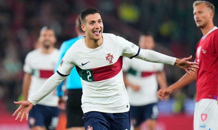 Diogo Dalot celebrates after scoring against Czech