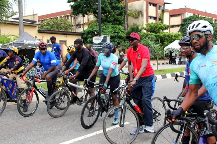 Lagos State commissioner for transportation, Dr. Frederick Oladehinde, riding a bicycle in Akausa, Ikeja. Lagos State commissioner for transportation, Dr. Frederick Oladehinde, riding a bicycle in Akausa, Ikeja.