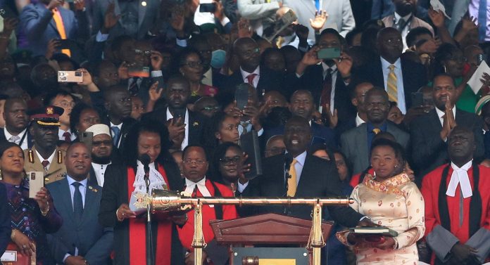 Kenya's President William Ruto takes the oath of office as First Lady Rachel stands by his side during the official swearing-in ceremony in Nairobi Kenya's President William Ruto takes the oath of office as First Lady Rachel stands by his side during the official swearing-in ceremony in Nairobi