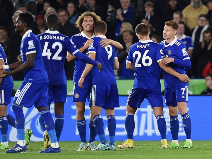 Leicester players celebrate against Leeds